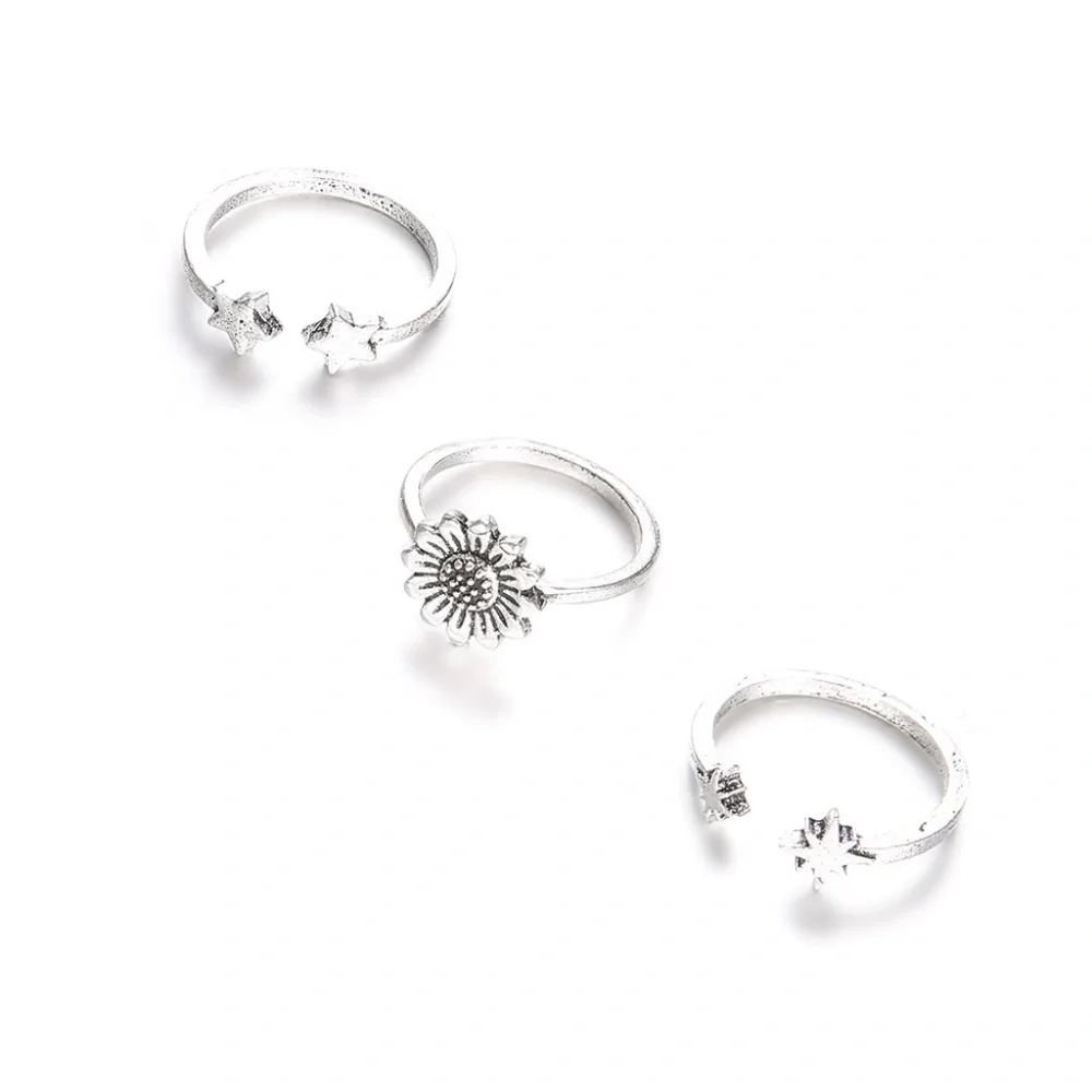 *ALIZ* 3-Pc Silver Star x Flower Fashion Ring Set